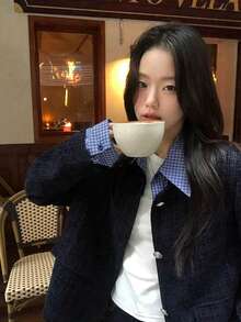 Women's Colorblock Single-Breasted Casual Versatile Daily Long Sleeve Jacket - Navy Blue - View 5