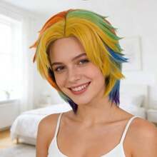 AShort Rainbow Colorful Wigs For Men Women Short Rainbow Cosplay Wig Hairnet+Colorful Wolftail Wigs With Bangs Adult Pride Day Outfit Lgbt Costume Layered Fluffy Wig For Halloween Cosplay Party - Rainbow - View 6