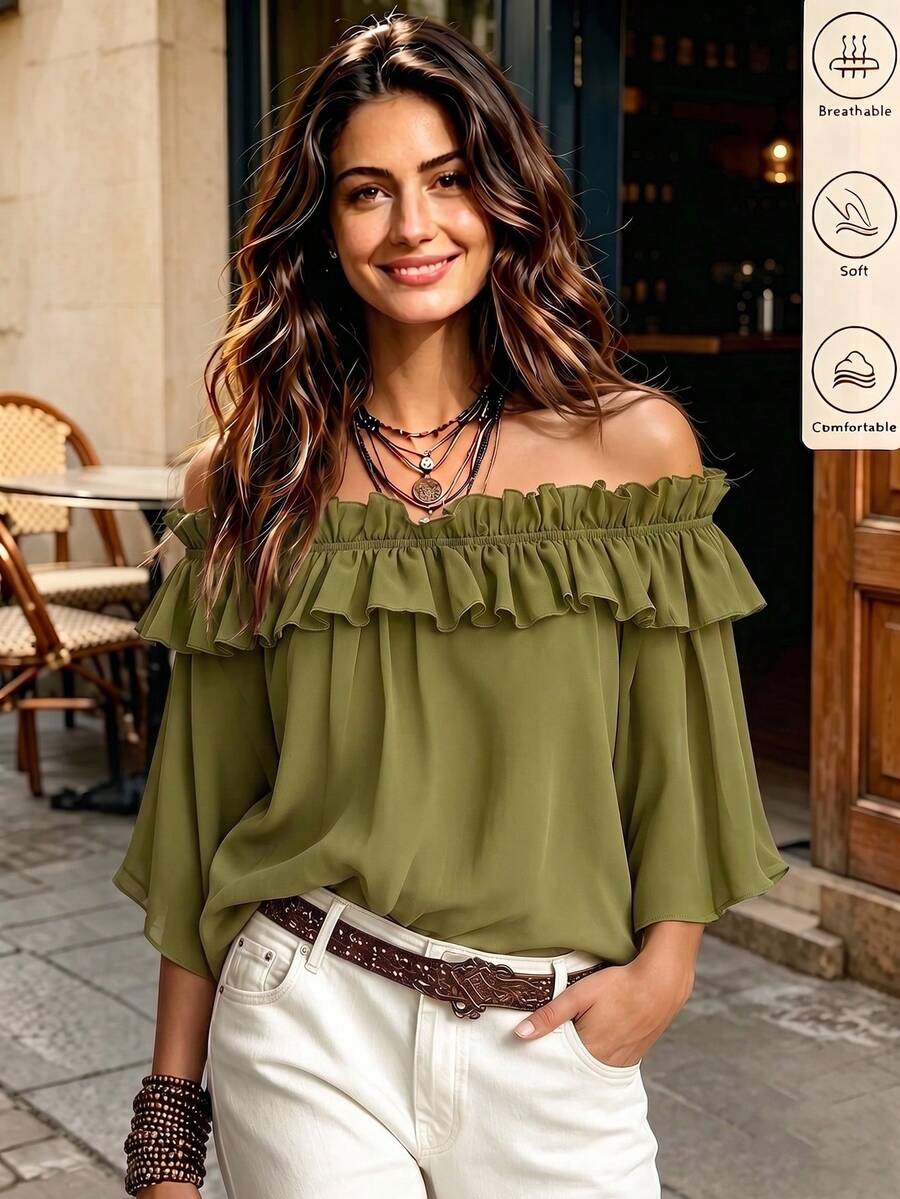 Women's New Off-Shoulder Ruffle Hem Solid Color Blouse, Fashionable Minimalist Style For Dates, Casual, Office Wear In Summer - Olive Green - View 1