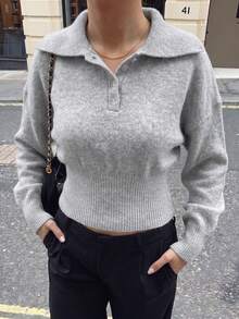 Women Lapel Collar Half Button Crop Sweater Drop Shoulder Long Sleeve Ribbed Hem Fitted Waist Knit Jumper Casual Streetwear Pullover - Grey - View 4