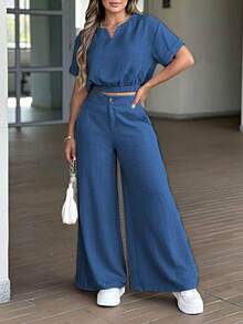 Women's Summer New Solid Color Elegant Zipper & Button Polyester Fabric 2 Pieces Set, Loose & Comfortable For Daily Wear, Vacation, Spring/Summer - Royal Blue - View 3