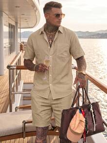Men's 2-Piece Linen Casual Short Sleeve Button-Down Shirt And Shorts Summer Beach Set - Perfect Father's Day Gift For Dad, Husband, Him - Khaki - View 1