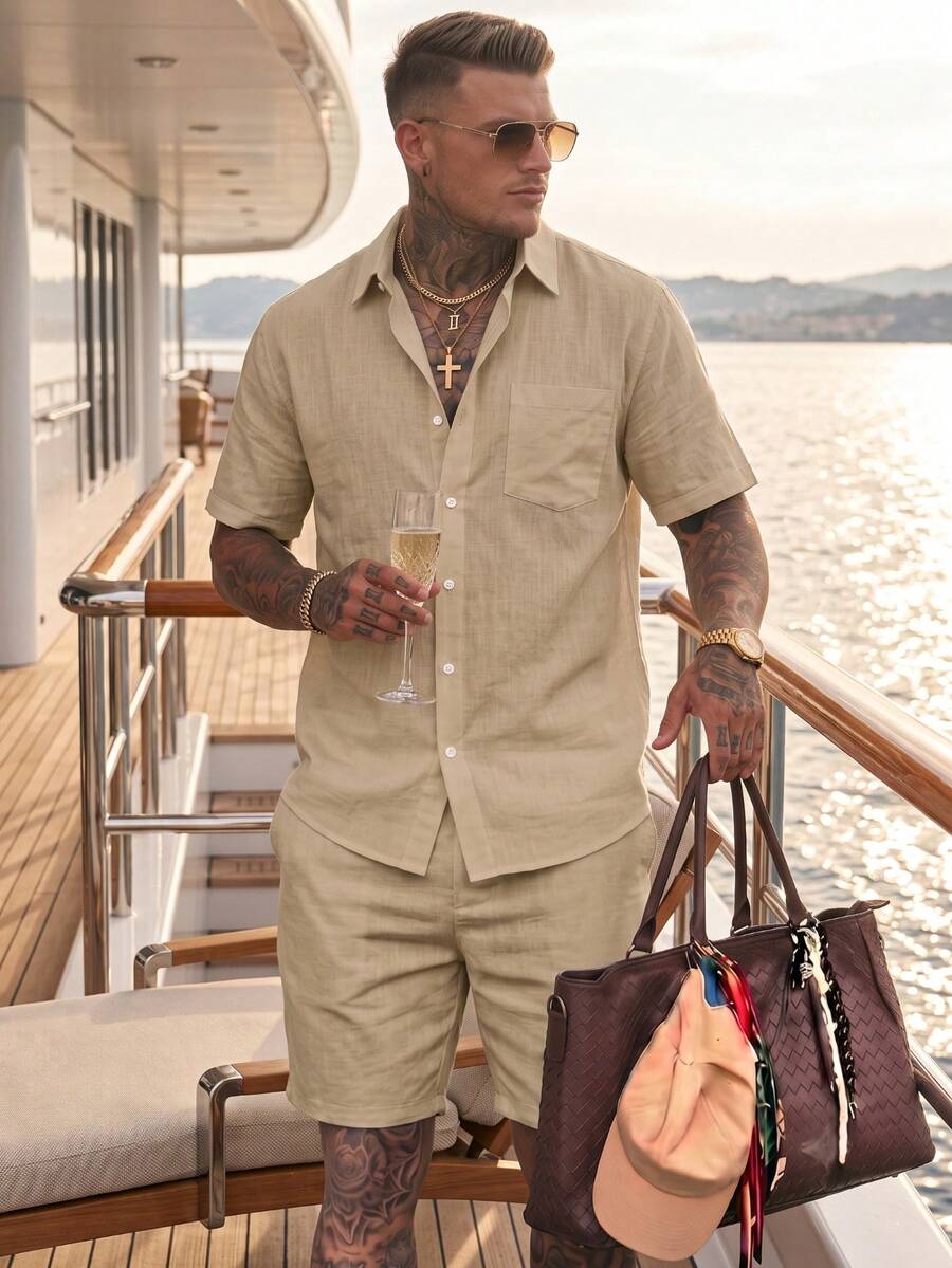 Men's 2-Piece Linen Casual Short Sleeve Button-Down Shirt And Shorts Summer Beach Set - Perfect Father's Day Gift For Dad, Husband, Him - Khaki - View 1