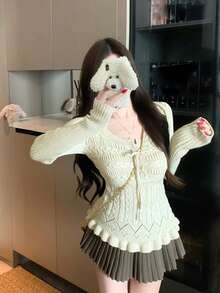 Elegant Hollow-Out Waist-Cinching Long Sleeve Knit Top For Women, Early Autumn Soft Style Slimming Short Length Regular Shoulder Blouse - White - View 1