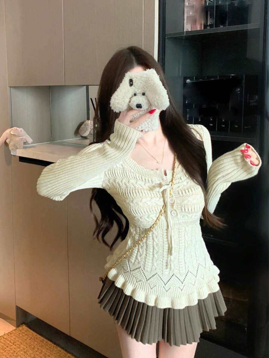 Elegant Hollow-Out Waist-Cinching Long Sleeve Knit Top For Women, Early Autumn Soft Style Slimming Short Length Regular Shoulder Blouse - White - View 1