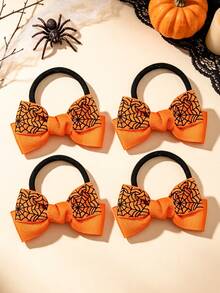 6pcs Orange Double Layer Bow Hair Ties, Spider Web Print Elastic Bands, Suitable For Halloween Wear, Holiday Gift Choice - Multicolor - View 3