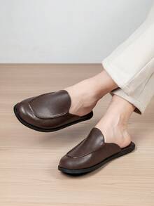 Plus Size Men's Leather Closed-Toe Mule Loafer Slippers, Backless Slouchy Slides With Reinforced Stitching And Skin-Friendly Lining - Brown - View 7