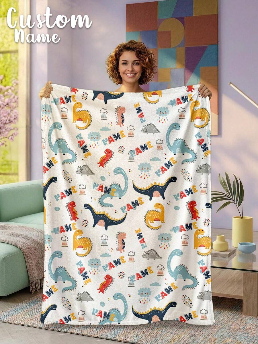 1pc Customized Name Blanket, Personalized Bed Throw, Customizable Name Print, Personalized Throw Blanket, Cute Animal Pattern Blanket, Comfortable Blanket, Home Gift, Birthday Gift, Christmas Gift, Personalized Gift, Gift For Son/Daughter, Gift For Friend - Style 10 - View 1