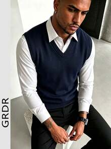 GRDR Men's Solid Color V-Neck Casual Versatile Knitted Vest - Navy Blue - View 4