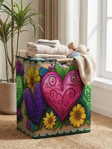 1PC Storage Basket, Laundry Hamper, Washing Basket, Storage Bucket, Heart‑Pattern Printed Design, Storage Basket With Wooden Handle, Foldable Multi‑Purpose Storage Bin, For Daily Clothes Storage & Organization - Multicolor - View 12