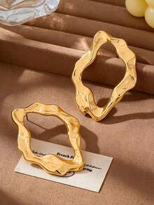 1 par de pendientes de botón asimétricos con diseño geométrico hueco exagerado para mujer, estilo europeo y americano - Amarillo Oro - Ver 4
