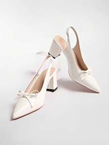 Pointed Toe Slingback Chunky Heel Pumps, Plus Size Wide Fit Elegant Evening Shoes For Women - Off White - View 4