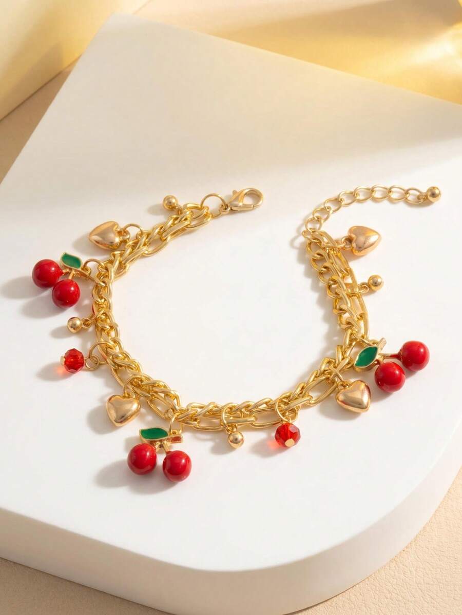 1 Sweet And Cute Cherry Alloy Heart Bow Pendant Adjustable Bracelet Necklace - Gold - View 1