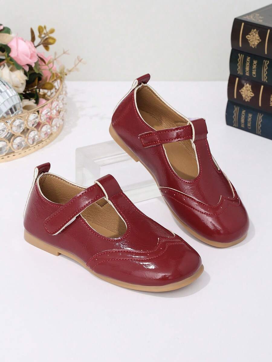 1 Pair Red Girls' Mary Jane Shoes, Non-Slip Glossy PU Flat Shoes With ...