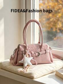 Women's Shoulder Underarm Bag, Solid Color PU Material With Leopard Print Element Design, Metal Shoulder Strap Decoration, Fashionable And Versatile, With Personalized Star Pendant, Suitable For Travel, Shopping, Dating, Gifting And More Occasions - Pink - View 10