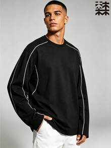 mulinsen Men's Black Loose Fit Long Sleeve T-Shirt With Line Patchwork Crew Neck - Black - View 6