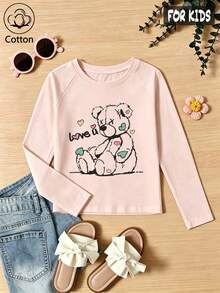 Girls Cotton Twill Long-Sleeved T-Shirt, Autumn/Winter Style, With A Heart-Pattern Print, In A Cute And Sweet Preppy Style - Pink - View 3