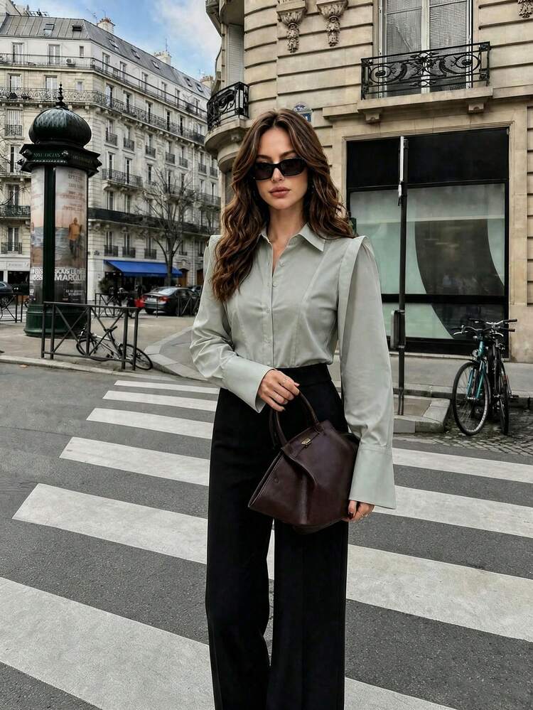 ELVA 女款秋季設計側拼接 3D 襯衫，適合派對、通勤、辦公、返校 - 灰色 - 查看 7