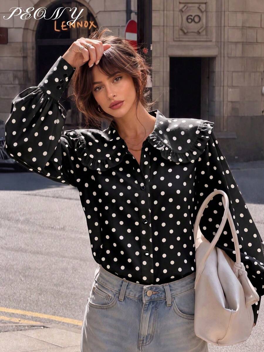 Blusa elegante de mujer de unicolor con cuello Peter Pan, ribete de volantes y botones, blusa blanca/camisa de mujer/top de manga larga/punto negro de verano para mujer