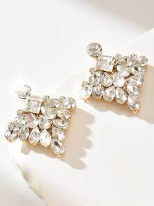 1 par de pendientes de botón de mujer con strass en forma de lágrima, brillantes y glamurosos, estilo de fiesta de moda - Dorado - Ver 5