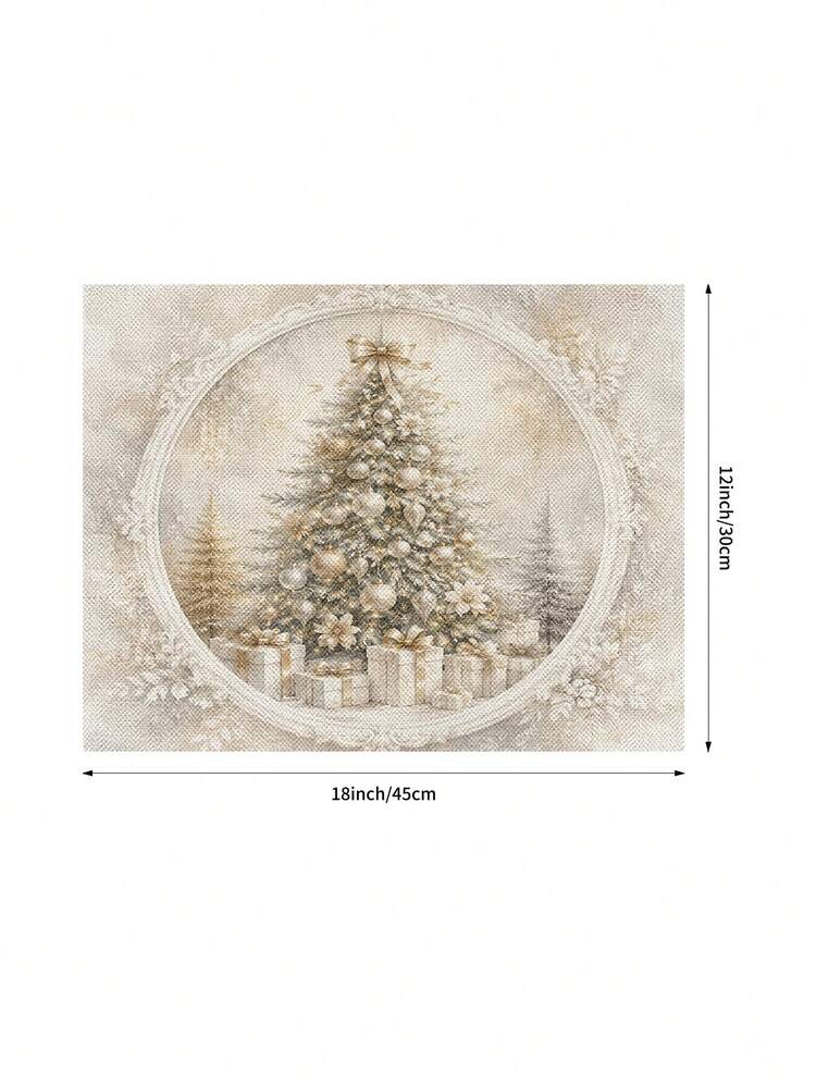 Christmas Table Runner, Throw Pillow, Placemat, Vintage Oval Frame Gold Christmas Tree Gift Box Snow Scene Print, Kitchen Dining Room Holiday Tabletop Decor - Multicolor - View 6