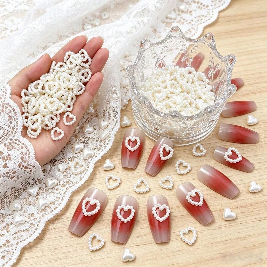 100/200/300pcs Heart-Shaped Pearl Table Scatter Decor, Plastic Faux Pearl Wedding Table Decoration, DIY Nail Art Decoration, Suitable For Wedding Party Cake, Size: 0.47 Inch - Multicolor - View 1