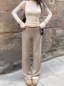 Minimalist Casual Warm Comfortable Women's Knitted Long Straight Leg Sweater Pants, Essential For Home Leisure In Autumn/Winter - Khaki - View 3