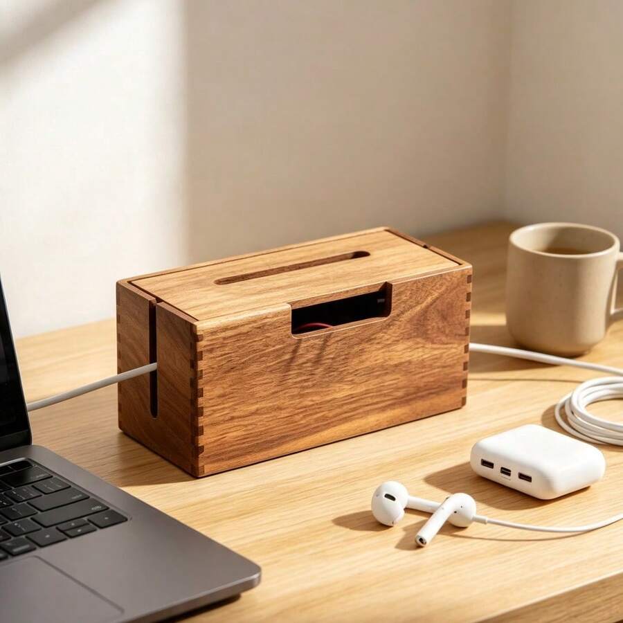 1 PC Wood Cable Management Box, Wooden Cord Hider & Organizer For Power Strip, Electrical Hiding, TV Wires, Desk & Floor Cables - Office Under Desk Cable Storage Box For Wire - View 1