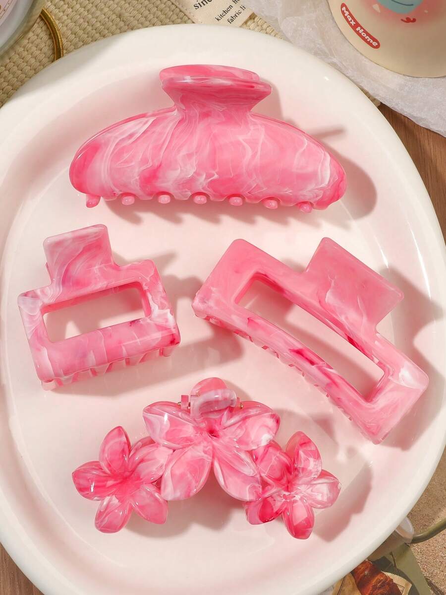 4件組春夏波希米亞甜美玫瑰粉大理石紋半圓蛋形方型組合髮夾 極簡海灘海邊盤髮髮飾 - 4件組-玫粉色系 - 查看 1