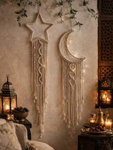 2pcs Handmade Crochet Lace Star Moon Dream Catcher Wall Hanging, Boho Style Home Decor Wall Art, Suitable For Home, Wedding, Living Room, Bedroom, Holiday Gift (Lights Not Included) - Beige - View 7
