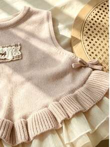 WUHUANG YIYI Flickors stickad väst i mjuk stil med enfärgad mesh, patchworkfåll, sidobåtar, broderad applikation, mångsidig för utflykter, sommar och höst - Babyrosa - Visa 4