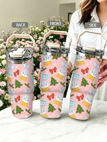 1pc/5pcs 30oz Pink Snowflake Ball Christmas Insulated Tumbler, Stainless Steel, With Handle, Straw And Leak-Proof Flip Lid, Snowman Ball, Christmas Tree And Winter Glove Print, Suitable For Birthday And Holiday Gifts, For Travel, Work, Fitness And Daily Outdoor Use - Pink - Snowman Snow Globe - View 5