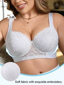 White Plus Size Women's Lace Underwire Push-Up Bra, Wide Strap Comfortable, Lift And Support, Breathable All Day - White - View 4