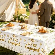 Disposable Plastic Table Cover 1/3‑Pack, White Tablecloth With Gold We're Engaged Slogan, Rings, Fireworks And Glitter Confetti Pattern, Table Decor For Engagement Party, Bridal Shower, Wedding Reception And Holiday Celebration Decorations, 108*54' - Proposal Tablecloth - View 5