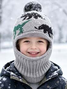 Children's Ear Protection Hat Winter Thermal Lined Thickened Baby Scarf Integrated Hat Unisex Windproof Warm Knitted Knitted Hat - Dinosaur  With Hood - View 5