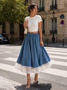 LuminousWealth Spring/Summer New Lace Trim Denim Effect Skirt - Blue - View 3