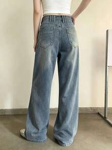 Women's Retro Blue Wide Leg Denim Jeans, New Low Waist Slimming Tall-Looking Versatile Straight Leg Loose Fit Pants - Retro Blue - View 2