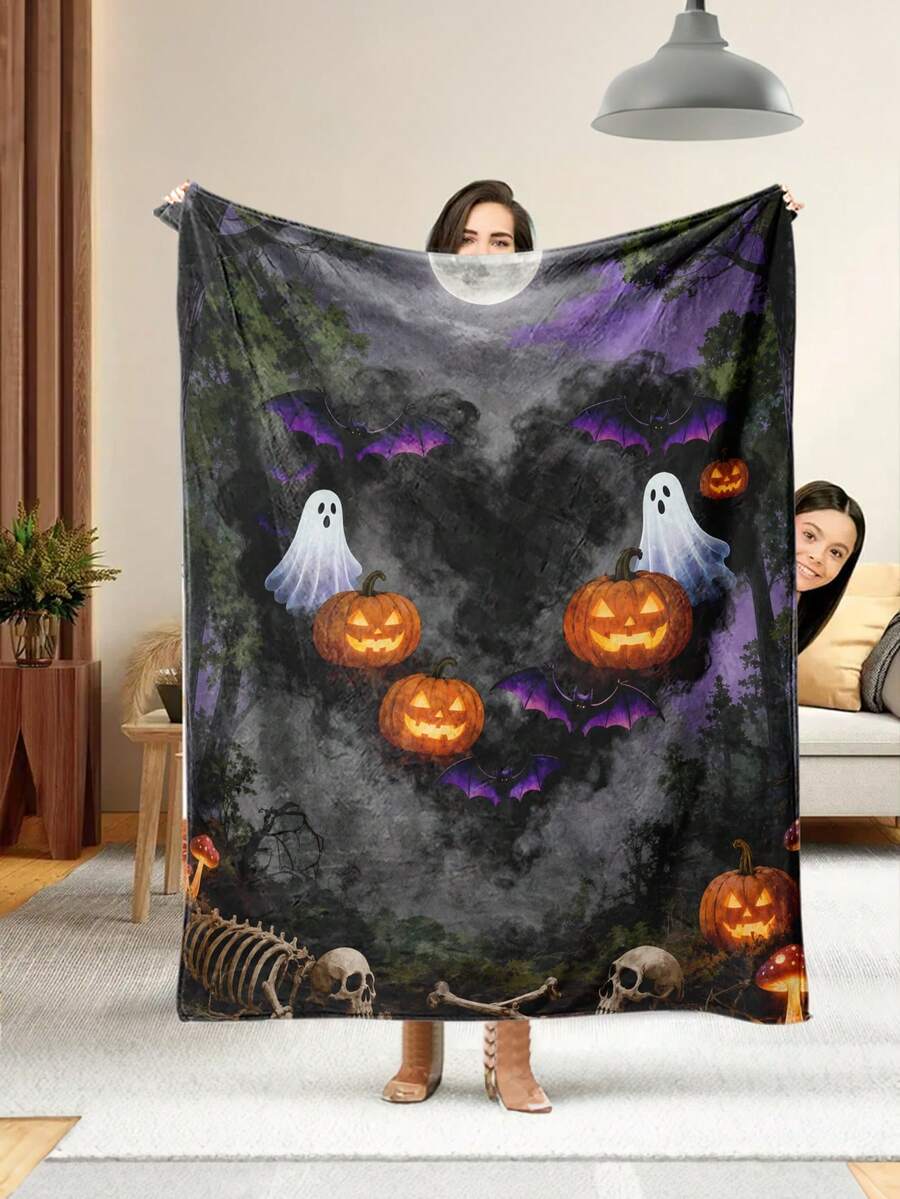 1pc Soft & Comfortable Halloween Flannel Blanket, 2D Printed Blanket For Office Nap, Sofa And Bed Decor, Outdoor Camping Leisure Blanket, Perfect Gift For Family And Friends - Multicolor - View 1