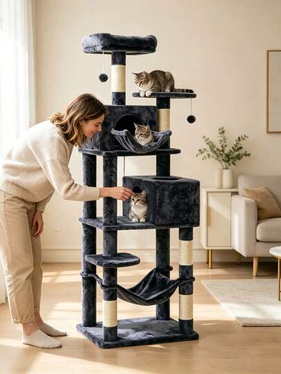Árvore para Gatos Multinível com Duas Casinhas, Uma Rede e um Cesto Suspenso. Múltiplos Postes de Arranhar em Sisal para Afiar as Unhas, Plataforma de Observação Superior e Brinquedo Interativo com Pompom para Gatos. Adequado para Vários Gatos.