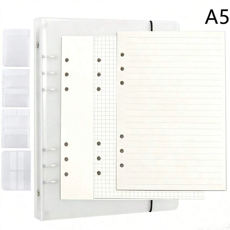 A5 6-Ring Transparent PVC Loose Leaf Notebook, Replaceable Loose Leaf Diary, Includes Lined/Grid/Blank Refill Paper And Loose Leaf Pockets, DIY Planner Storage Notebook, School Office Stationery - A5 - View 1