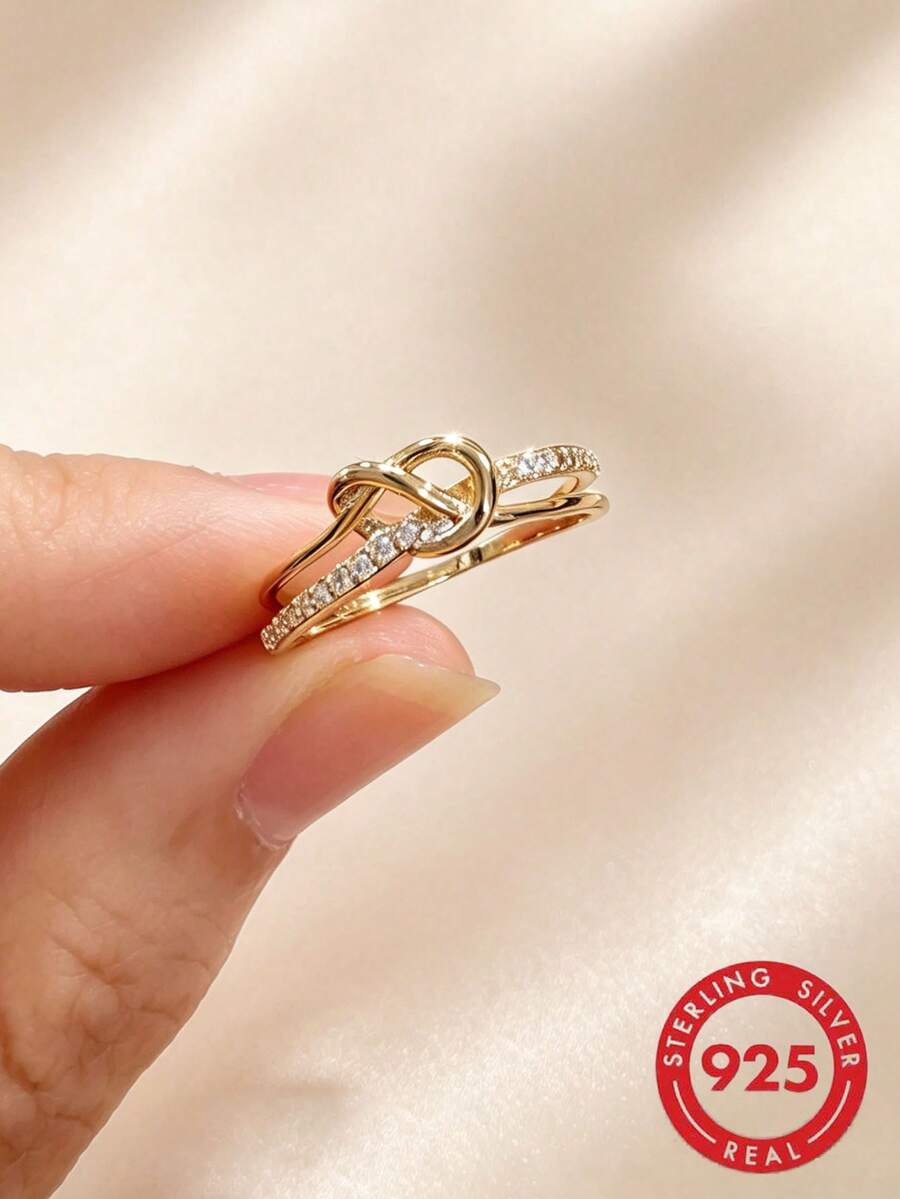 1pc S925 Sterling Silver Inlaid Synthetic Zirconia Heart Line Design Women's Ring, Elegant Elegant Women's Daily Wear Quality Jewelry - Yellow Gold - View 1