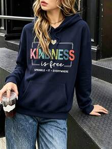Women's Colorful Letter Leopard Print Heart Pattern Sweatshirt, Front Print Kangaroo Pocket, Loose Long Sleeve Drawstring Casual Autumn Style - Navy Blue - View 4