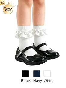 6/1 Pair Girls Ribbon Lace Ruffle Mid-Calf Socks, Soft Comfortable Princess Style, Suitable For School Uniform Daily Wear, Navy Blue White Black, Autumn/Winter - Multicolor - View 1
