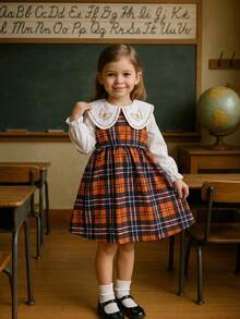 Girls' Spring/Autumn College Style Patterned Dress, Butterfly Embroidered Peter Pan Collar Long Sleeve A-Line Cute Puff Skirt, Casual Daily Back To School Outfit - Mocha Brown - View 3