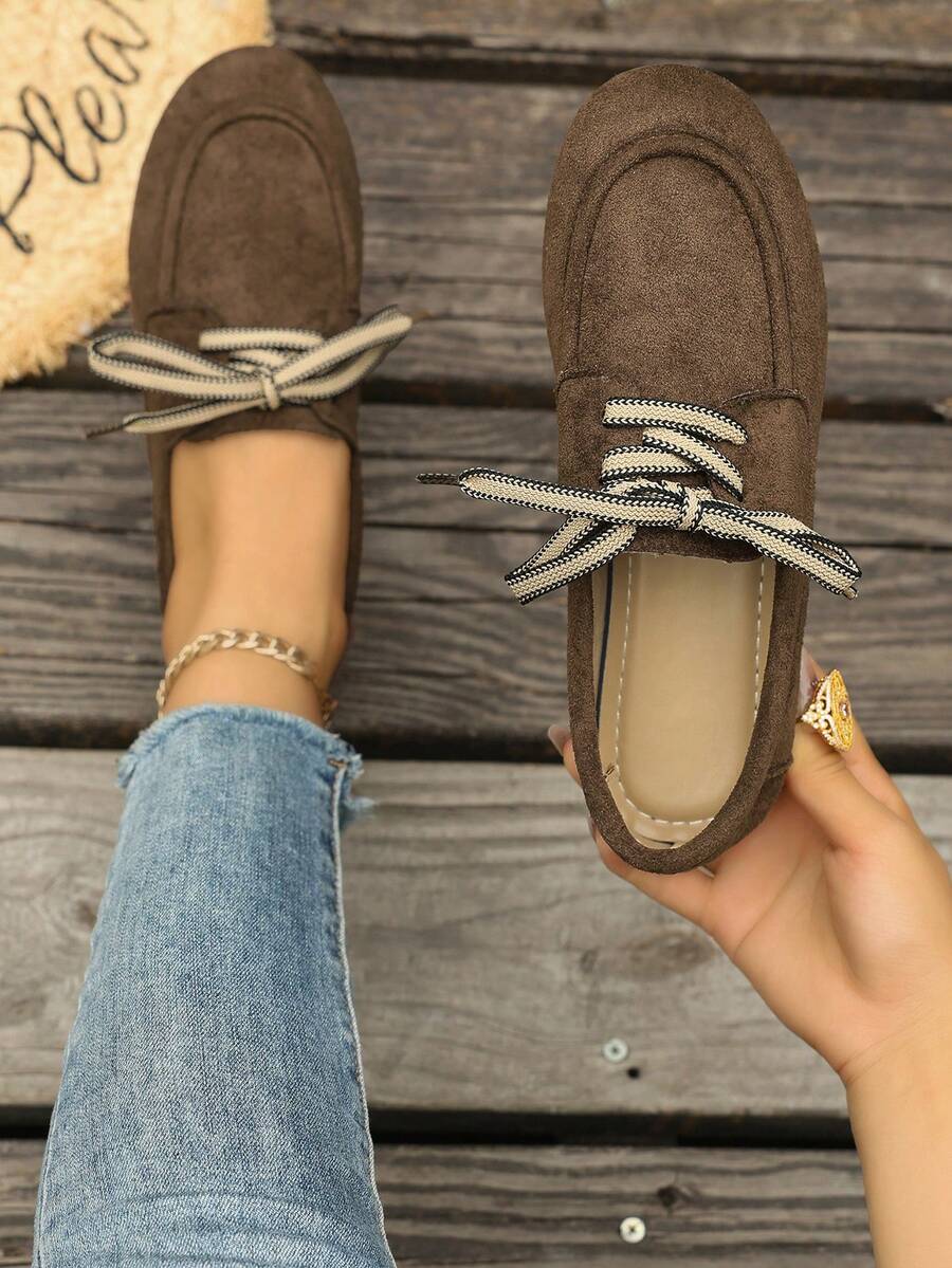 New Lace-Up Soft Sole Casual Flat Shoes, Spring/Autumn Suede Shoes - Coffee Brown - View 1