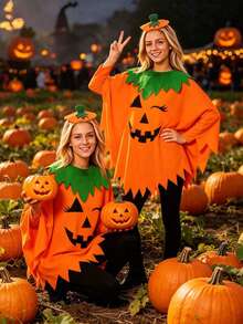 Halloween Pumpkin Costume, Adult Pumpkin Cape, Headpiece And Trick-Or-Treat Bag, Suitable For Halloween Role Play And Party "Trick Or Treat" Cute Outfit, Ideal Holiday Gift - Multicolor - View 2