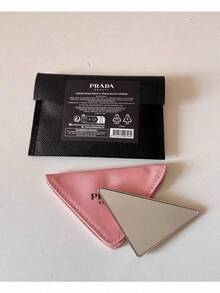 PRADA BEAUTY Pink Triangle Compact Pocket Mirror, Embossed Logo Mini Hand Mirror With Matching Fabric Pouch Portable Makeup Touch‑Up Mirror Luxury Gift For Women PRADA‑GIFT‑11 - Pink - View 3