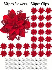 1/10/20/30pcs Shiny Gold Christmas Flower Decor Clips, DIY Holiday & Seasonal Decoration, Suitable For Weddings, Christmas Trees And Parties, Easy To Install, Durable - All Red - View 14