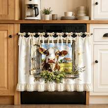 1pc American Farmhouse Style Fun Kitchen Dishwasher Cover Curtain, Printed With "Kiss The Cook" And "Welcome To My Kitchen" Slogans, Watercolor Wildflowers, Dairy Farm Window View, Kitchen Utensils Patterns, No-Drill Lace Ruffle Hem Half Curtain, Suitable For Oven, Dishwasher, Cabinet, Country Style Kitchen Decor - Multicolor - View 1