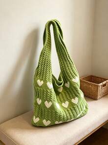 Heart Jacquard Knit Woven Accessory Large Capacity Open Top Closure Storage Bag, Suitable For Daily Commute, School, Shopping, Travel, Leisure, Multi-Use Handheld And Shoulder Bag - Green - View 6